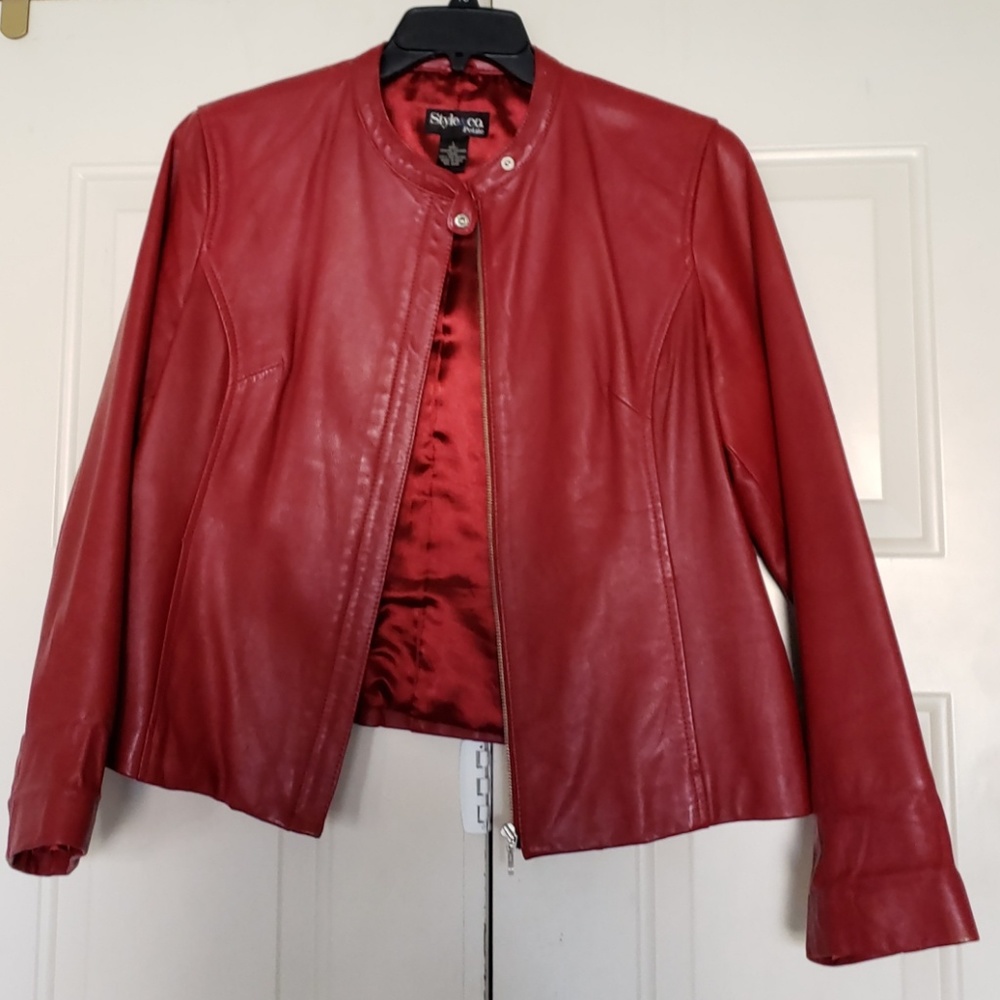 Style & Co petite red leather jacket size L